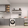 Modern Kitchen Interior With Gray Cabinets Shelves Washing Machine Range Hood And Refrigerator