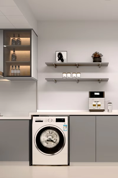 Modern Kitchen Interior With Gray Cabinets Shelves Washing Machine Range Hood And Refrigerator 3d model