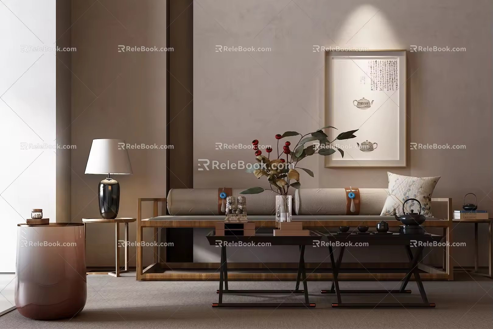 New Chinese Style Sofa Coffee Table Combination Table Lamp Chinese Style Drum Stool New Chinese Style Drum Stool 3d model