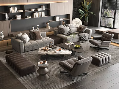 Modern Gray Sofa And Coffee Table Set With Accent Chairs Ottoman Throw Pillows Area Rug In Cozy Living Room 3d model