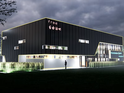 Free Grow Modern Building Exterior Design With Night Lighting And Landscaped Greenery 3d model