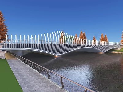 Modern Wavy Landscape Bridge With White Railings Water Surface Trees And Blue Sky 3d model