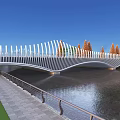 Modern Wavy Landscape Bridge With White Railings Water Surface Trees And Blue Sky