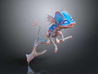 Blue And Pink Mythical Creature With Large Eyes Colorful Wings Perched On Enchanted Branch 3d model