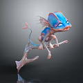 Blue And Pink Mythical Creature With Large Eyes Colorful Wings Perched On Enchanted Branch