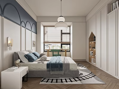 Modern Kids Room Interior With Arched Wall Bed Bookshelf Window Blinds And Rug 3d model