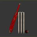 Cricket Sports Equipment Setup With Red Bat Wooden Stumps And Leather Ball