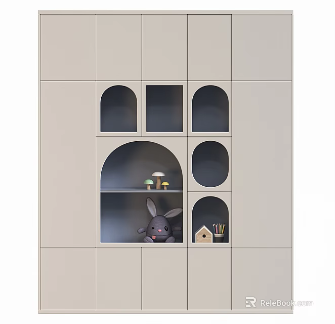 Modern Wardrobe With Arched Circular And Square Open Compartments For Decorative Items 3d model