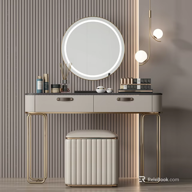 Elegant Dressing Table with Round Lighted Mirror Gold Accents Drawers Cosmetic Organizers Upholstered Stool 3d model 