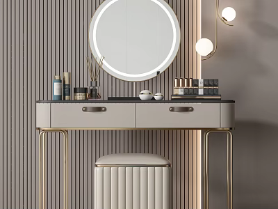 Elegant Dressing Table with Round Lighted Mirror Gold Accents Drawers Cosmetic Organizers Upholstered Stool 3d model