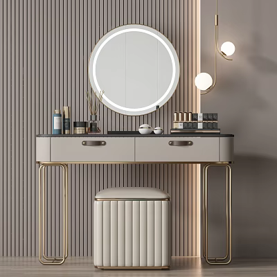Elegant Dressing Table with Round Lighted Mirror Gold Accents Drawers Cosmetic Organizers Upholstered Stool 3d model