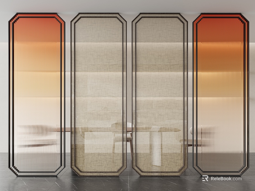 Modern Framed Room Divider Featuring Orange Beige Gradient Textured Glass Panels In Contemporary Interior 3d model 