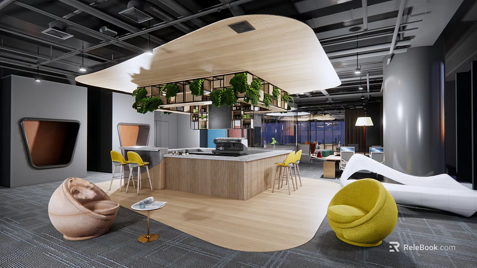 Modern Break Room Interior With Wooden Counter Yellow Chairs And Hanging Plants 3d model 