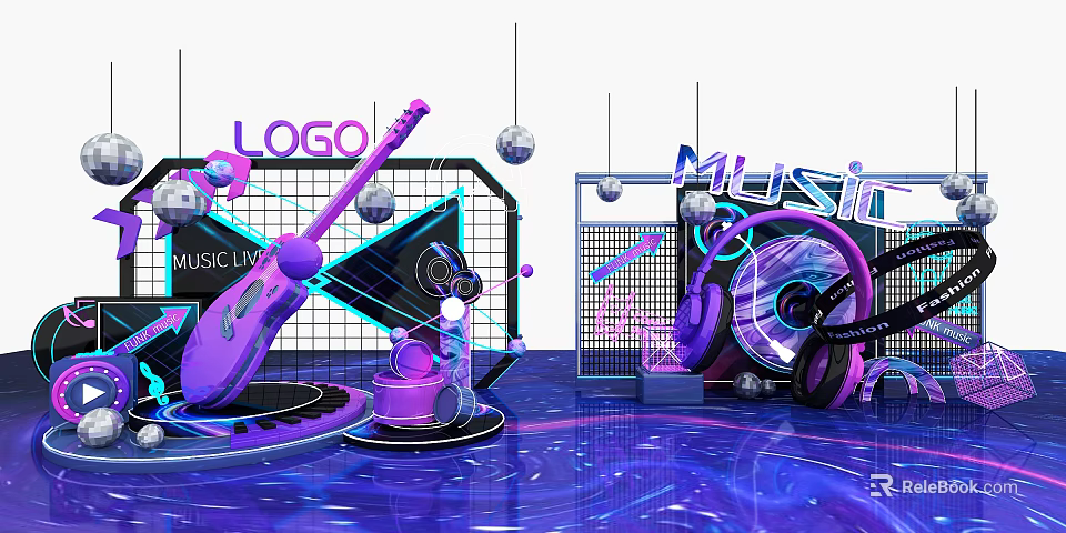 Vibrant Purple Music Themed Photo Spot With Neon Lights Microphone Headphones And Disco Balls 3d model 