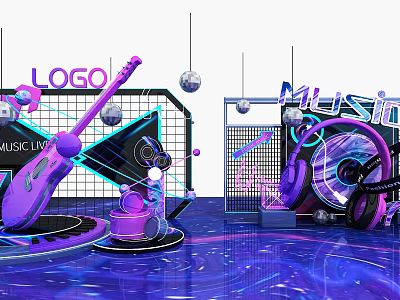 Vibrant Purple Music Themed Photo Spot With Neon Lights Microphone Headphones And Disco Balls 3d model