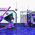 Vibrant Purple Music Themed Photo Spot With Neon Lights Microphone Headphones And Disco Balls