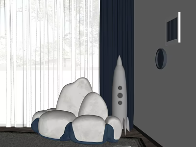 Cloud Shaped Bean Bag Chair With Rocket Model Light And Dark Blue Curtains 3d model