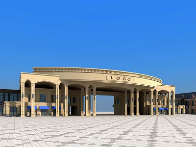 European Style Entrance Gate With Arched Design Columns Top LOGO And Blue Sky Plaza 3d model