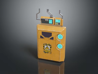 Yellow Rectangular Device With Blue Circular Buttons Warning Label And Metal Brackets 3d model