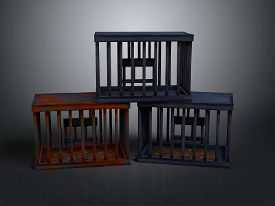 Three Stacked Metal Equipment Cages In Different Colors With Chair Inside Each 3d model