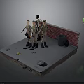 Group of Uniformed Characters by Red Brick Wall with Ground Props and Floating Green Sphere