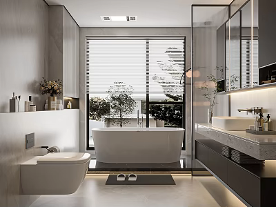 Modern Bathroom Interior With Freestanding Bathtub Marble Vanity Mirror And Large Window Plants 3d model