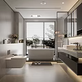 Modern Bathroom Interior With Freestanding Bathtub Marble Vanity Mirror And Large Window Plants