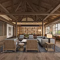 Hotel Public Lounge Area With Wooden Ceiling Columns Bookshelves Sofas Coffee Tables And Wooden Flooring