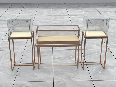 Modern Display Shelves With Glass Covers Golden Metal Frames Light Colored Tops For Retail 3d model
