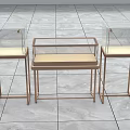 Modern Display Shelves With Glass Covers Golden Metal Frames Light Colored Tops For Retail