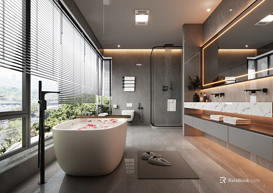 Modern Bathroom Interior Design With Freestanding Bathtub Large Mirror And Marble Countertop 3d model 