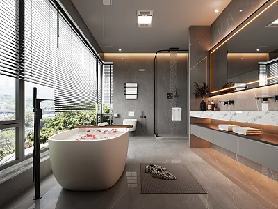 Modern Bathroom Interior Design With Freestanding Bathtub Large Mirror And Marble Countertop 3d model