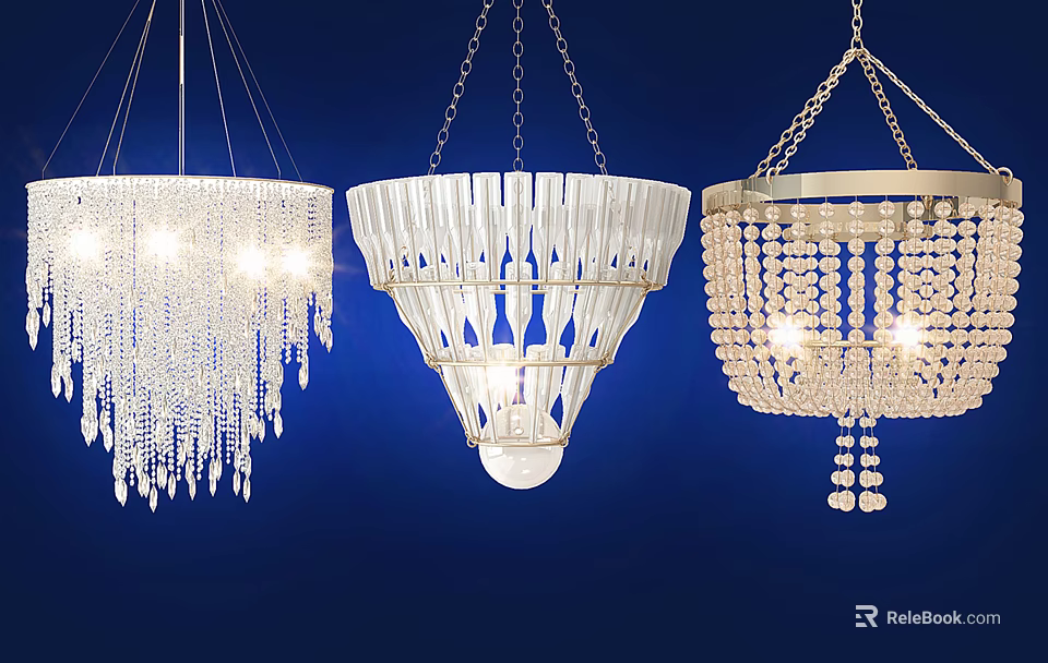Sparkling Crystal Chandeliers With Various Designs Hanging Against Blue Background 3d model