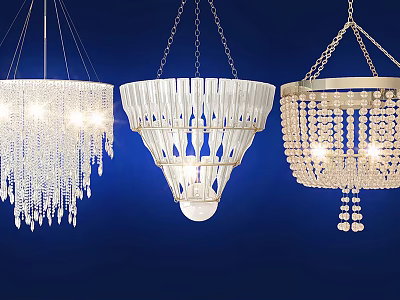 Sparkling Crystal Chandeliers With Various Designs Hanging Against Blue Background 3d model