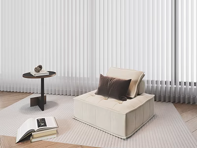 Beige Lounge Chair With Dark Brown Cushion And Side Table On Rug Near White Blinds 3d model