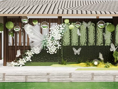 Traditional Photo Spot With Tile Roof Butterfly Decorations Green Plants And White Flowers 3d model