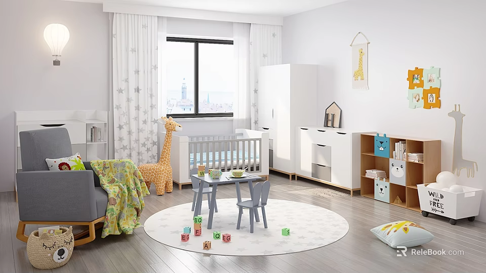 Bright Children's Room With Baby Cot Giraffe Toy Round Table Chairs And Play Rug 3d model 