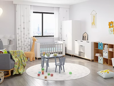 Bright Children's Room With Baby Cot Giraffe Toy Round Table Chairs And Play Rug 3d model