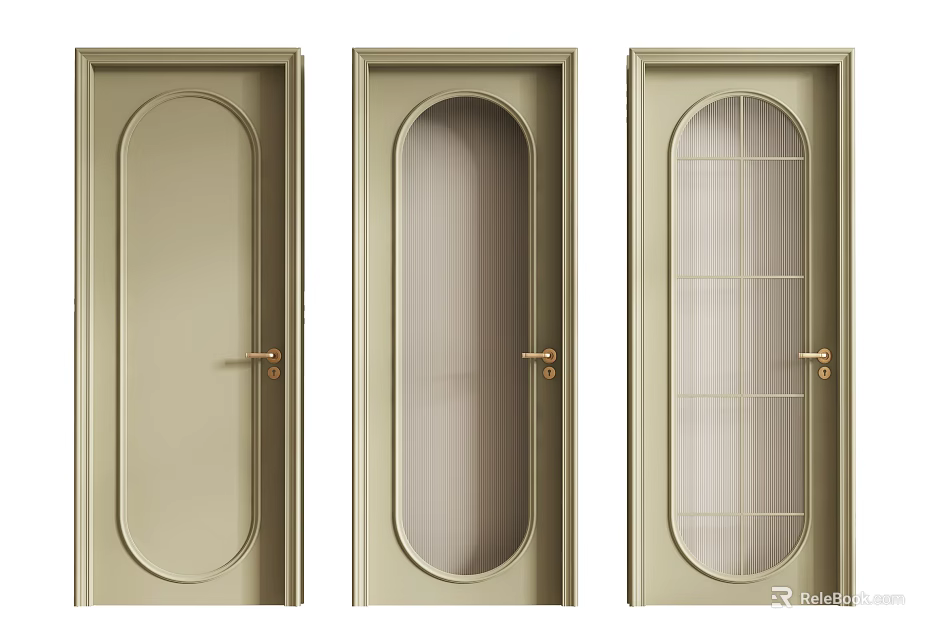 Modern Neutral Tone Hinged Doors With Oval Panel Frosted Glass And Grid Pattern Golden Handles 3d model 