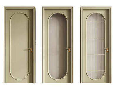 Modern Neutral Tone Hinged Doors With Oval Panel Frosted Glass And Grid Pattern Golden Handles 3d model