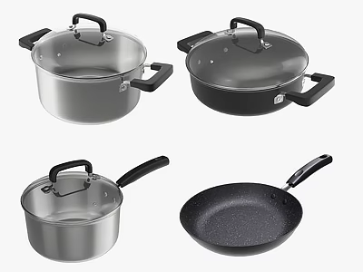 Silver and Black Kitchen Cookware Set Including Covered Pots Saucepan and Frying Pan 3d model
