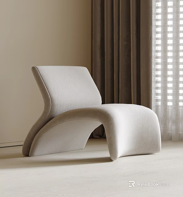Modern Light Gray Curved Design Lounge Chair with Dark Gray Curtains and Window Light 3d model 