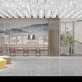 Modern School Lobby Interior With Crystal Chandelier Wall Decorations Marble Floor Seating Area And Plants