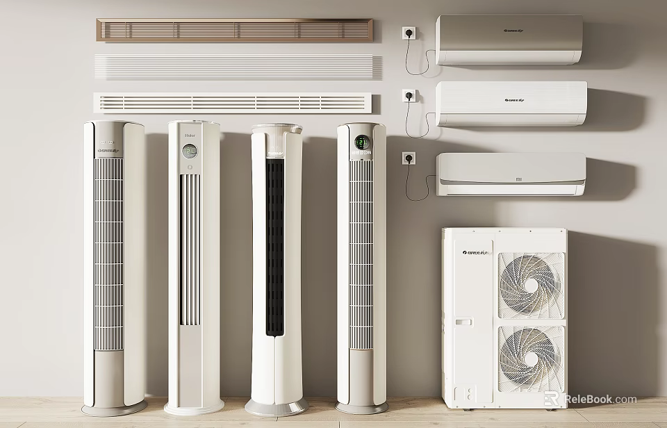 Various Modern Air Conditioners And Fans Including Standing Wall Mounted Tower Models 3d model