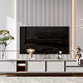 Modern TV Stand with Wall Mounted TV Decorative Items and Striped Backdrop 3d model