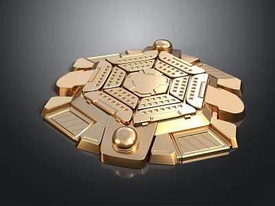 Ornate Golden Circular Mechanical Component With Geometric Shapes And Detailed Parts 3d model