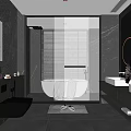 Modern Bathroom Interior With Black Marble Walls Floors Freestanding Bathtub Double Vanity Round Illuminated Mirror