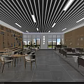 Modern Lounge Area with wooden bookshelves sofas tables chairs green plants and striped ceiling