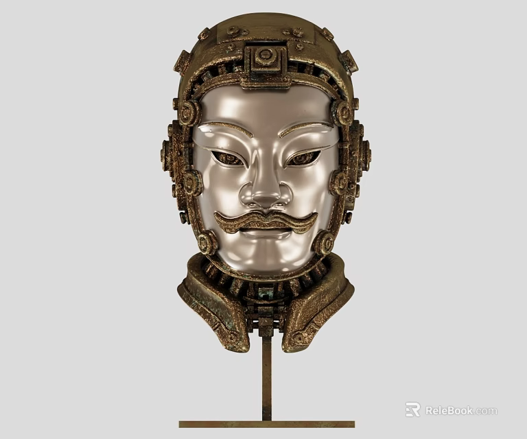 Intricately Carved Metallic Head Sculpture With Stern Facial Features Neck Adornments And Ornamental Details 3d model 