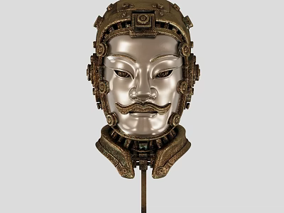 Intricately Carved Metallic Head Sculpture With Stern Facial Features Neck Adornments And Ornamental Details 3d model